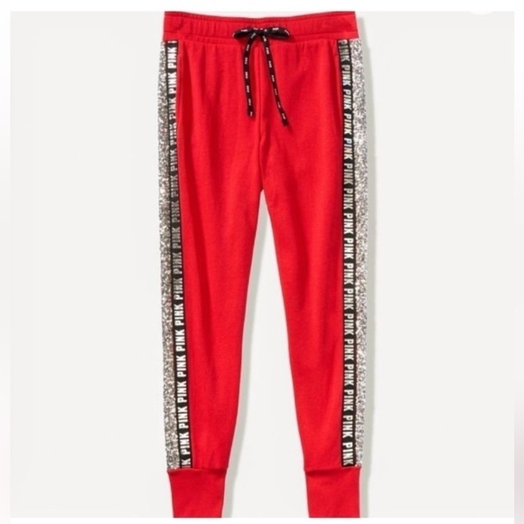 VS PINK Victoria’s Secret Red Bling Silver Sequin Joggers Pants Women’s Small - Picture 2 of 16